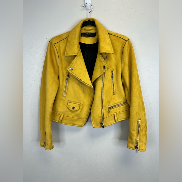 Zara Mustard Yellow Faux Leather Biker Jacket Womens L Indie Rocker Grunge Outer - Picture 2 of 16